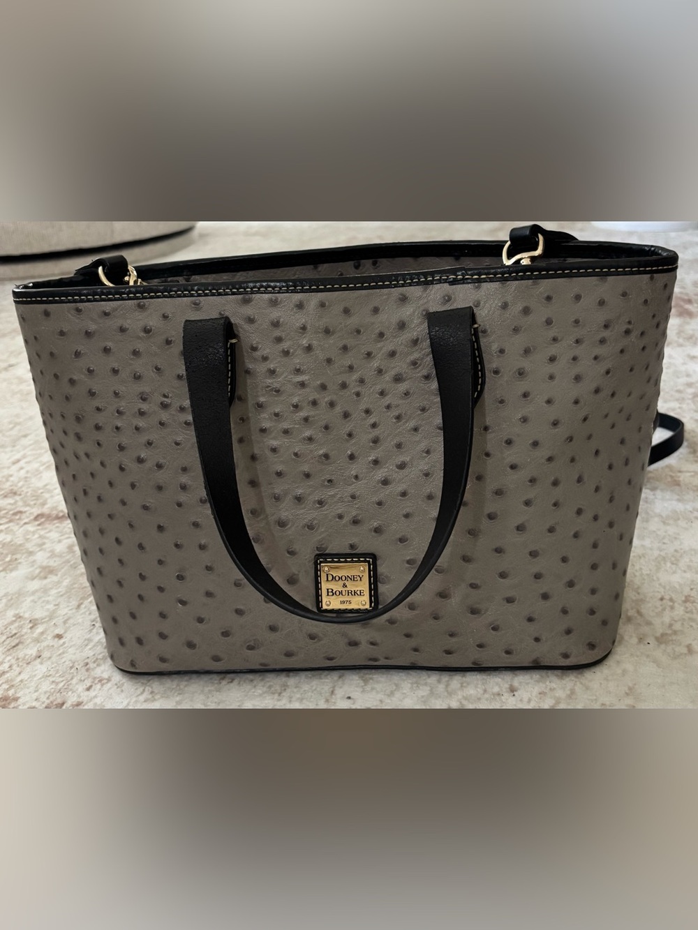 Dooney & Bourke Ostrich Embossed Tote Bag Taupe Gray Black Trim Shoulder Bag